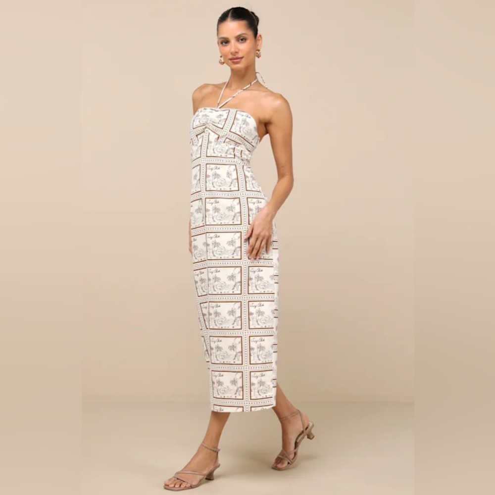 Lulu’s | Asiya Beige Stamp Print Halter Midi Dress - Picture 2 of 3